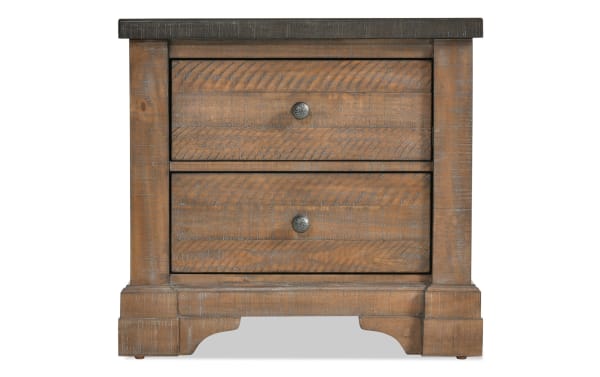 Beaumont Brown & Gray 2 Drawer Nightstand in traditional style with pine solids, pine veneer, and MDF, featuring rustic brown finish and metal knobs.