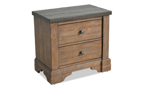 Beaumont Brown & Gray 2 Drawer Nightstand in traditional style with pine solids, veneer, and MDF, featuring rustic brown-gray finish and metal knobs.