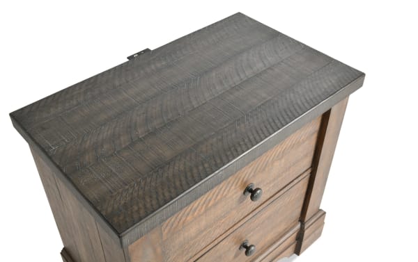 Beaumont Brown & Gray 2 Drawer Nightstand in traditional style with pine solids, veneer, and MDF, featuring textured wood grain and metal knobs.