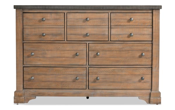 Beaumont Brown & Gray 7 Drawer Dresser in traditional style with pine solids, pine veneer, MDF, featuring seven spacious drawers, metal knobs, and a brown-gray finish.