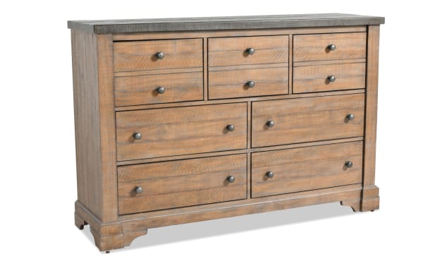 Beaumont Brown & Gray 7 Drawer Dresser in traditional style, made of pine solids, veneer, and MDF with ball bearing guides, dovetail fronts, felt and cedar-lined drawers.