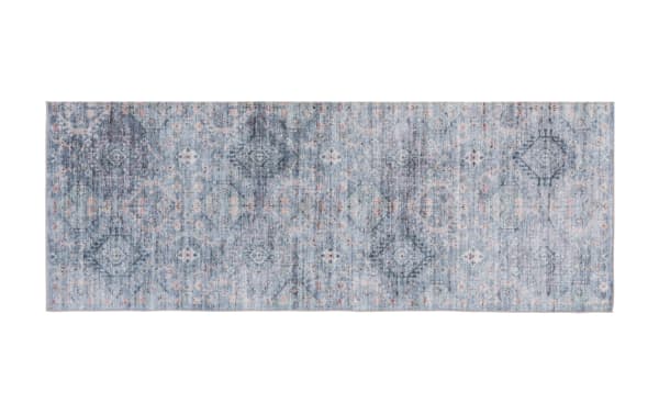 Blue and gray vintage-style runner rug with faded geometric and floral patterns, soft texture, and muted pastel accents for hallway or kitchen use.