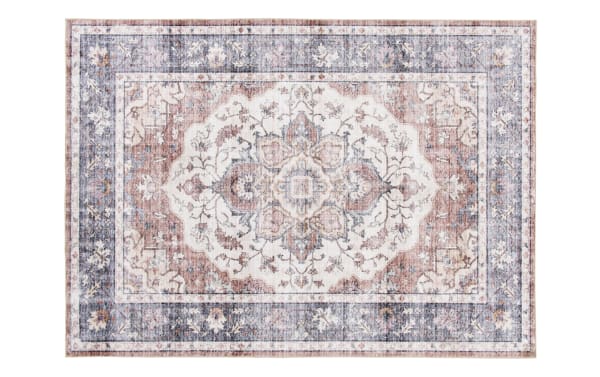 Traditional rectangular area rug with a vintage floral medallion pattern in muted blue, beige, and rust tones, suitable for living rooms or bedrooms.