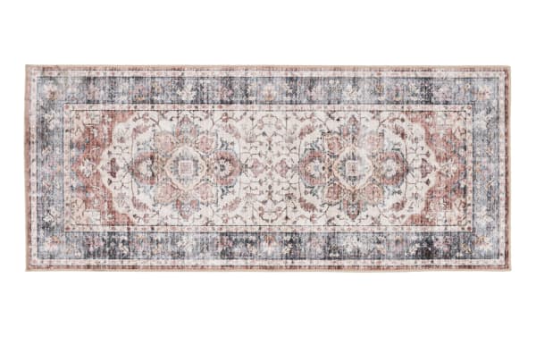Vintage-style rectangular area rug runner with intricate floral and medallion patterns in muted tones of blue, beige, and rust.