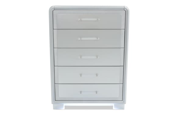 Shimmer Silver 5 Drawer Lift-Top Chest in glam silver MDF with clear handles, part of Shimmer Bedroom collection, featuring sleek modern design.