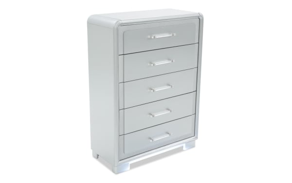 Shimmer Silver 5 Drawer Lift-Top Chest in glam silver MDF with clear handles, part of Shimmer Bedroom collection, featuring sleek modern design.