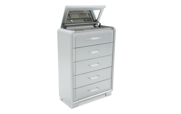 Shimmer Silver 5 Drawer Lift-Top Chest in glam style with silver MDF finish, LED lighting, felt-lined top drawer, cedar-lined bottom drawers, and removable jewelry tray.