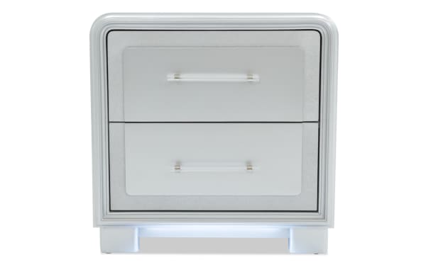 Shimmer Silver 2 Drawer Nightstand in glam silver MDF with LED lighting, built-in USB/USB-C ports, cedar and felt-lined drawers from Shimmer Bedroom collection.