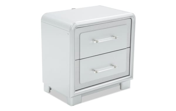 Shimmer Silver 2 Drawer Nightstand in glam style with silver MDF finish, clear acrylic handles, LED lighting, cedar and felt-lined drawers, and USB/USB-C ports.