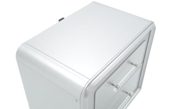 Shimmer Silver 2 Drawer Nightstand in glam style with silver MDF finish, clear acrylic handles, and rounded edges from Shimmer Bedroom collection.