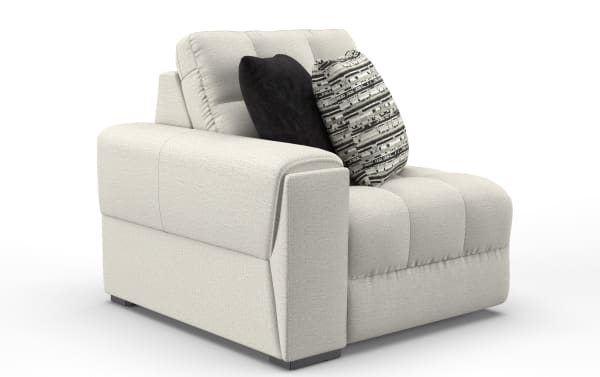 Modern beige fabric armchair with plush cushioning, two decorative pillows in black and patterned gray, featuring a contemporary design ideal for living rooms.