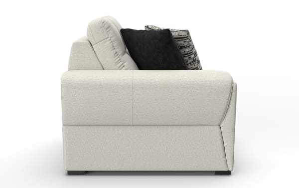 Modern beige fabric sofa side view with plush cushions in black and patterned grey, featuring a contemporary design and soft upholstery.
