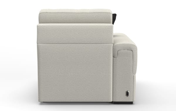 Light gray fabric upholstered modern sofa side view showing clean lines, cushioned armrest, and built-in power outlet for charging devices.