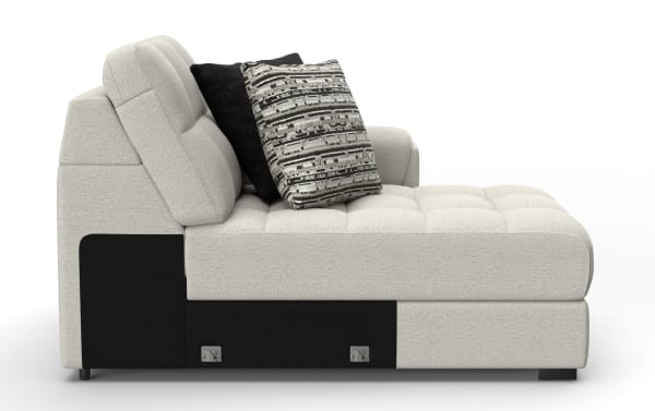 Modern beige fabric sectional sofa with tufted cushions, adjustable backrest, black accent pillows, and metal legs, ideal for living rooms.