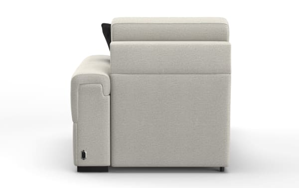 Modern beige fabric sofa side view showing plush armrest, adjustable headrest, and black reclining control switch for comfort and style.