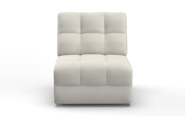 Modern armless accent chair upholstered in light beige fabric with tufted square cushioning on seat and backrest, ideal for living room seating.