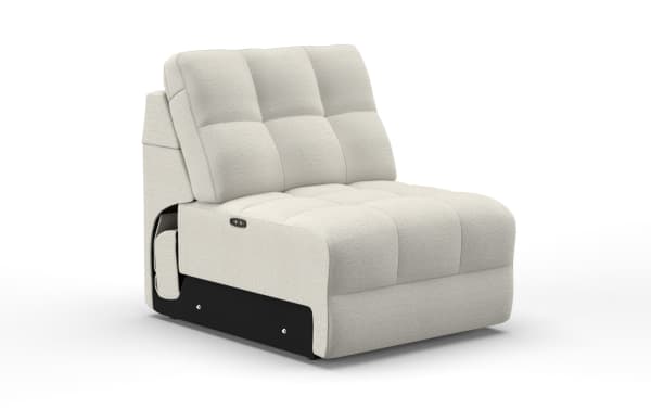 Modern beige fabric armless recliner chair with tufted cushions and black base, designed for comfort and style in living spaces.