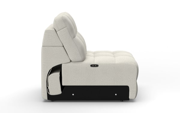 Modern beige fabric recliner sofa with tufted cushions, adjustable backrest, and black base, designed for living room comfort and style.