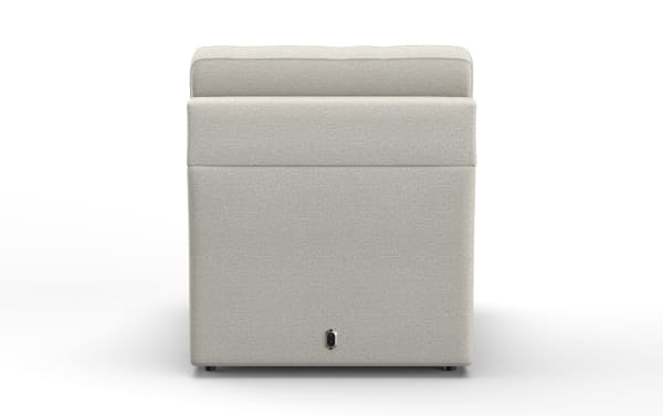 Light gray upholstered ottoman with a soft fabric texture, square shape, and a small black power connector on the side, suitable for modern living rooms.
