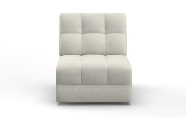 Beige upholstered armless accent chair with tufted back and seat cushion, featuring a modern, minimalist design and soft fabric texture.