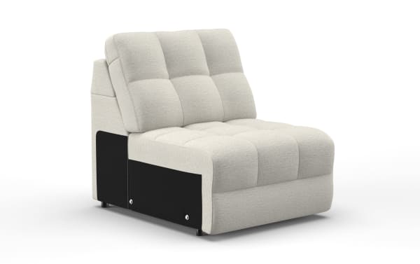 Modern armless accent chair with tufted light gray fabric upholstery and black side panels, featuring a cushioned backrest and seat for living room seating.