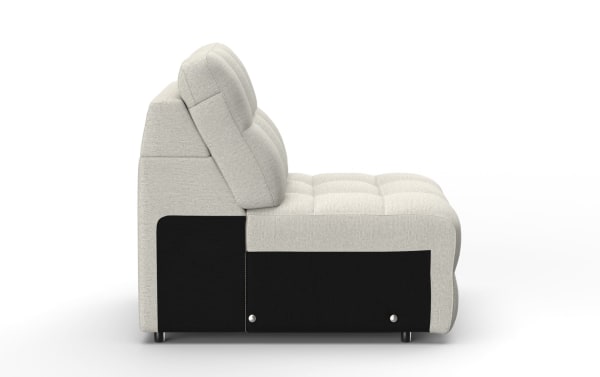 Modern light gray fabric upholstered sofa seat with tufted cushions and black base panel, showcasing side profile and compact design.