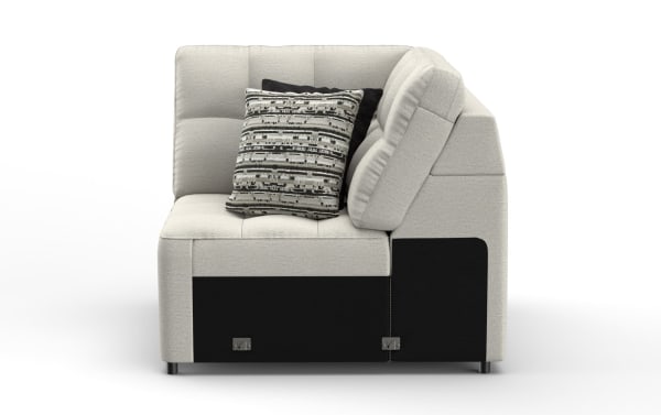 Modern beige fabric sectional sofa corner unit with black base panels, tufted cushions, and two decorative pillows featuring geometric patterns.
