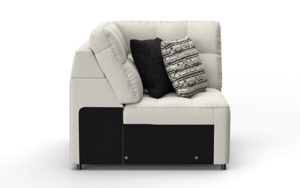 Modern beige fabric corner sofa with tufted cushions, black and patterned throw pillows, and black fabric base panels.