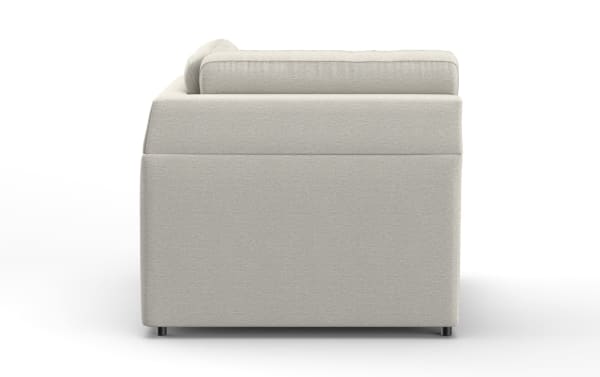 Light beige fabric sofa side view showing clean lines, cushioned armrest, and short black legs, ideal for modern living room decor.