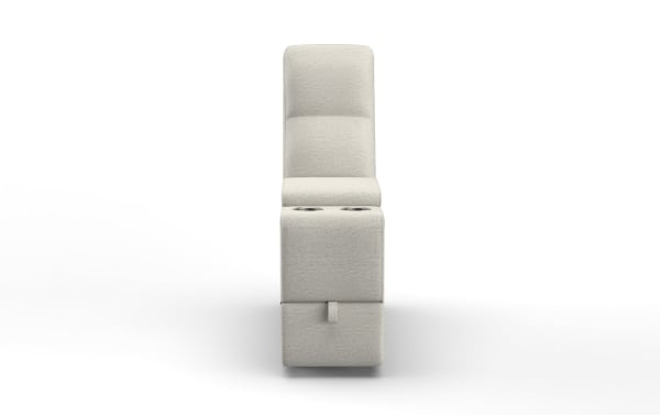 Modern beige fabric reclining chair with high backrest, integrated cup holders, and pull tab for reclining mechanism, ideal for home theater seating.