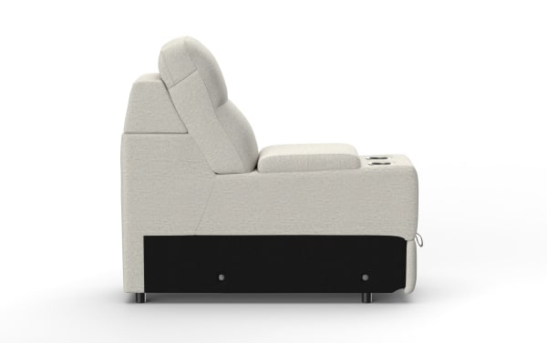 Light gray fabric reclining theater seat with padded backrest, armrest with dual cup holders, and black base panel.