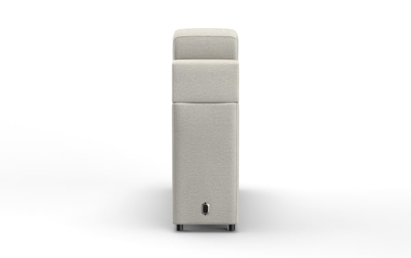 Upholstered beige fabric armchair side view with a built-in power outlet, featuring a modern design and black legs.