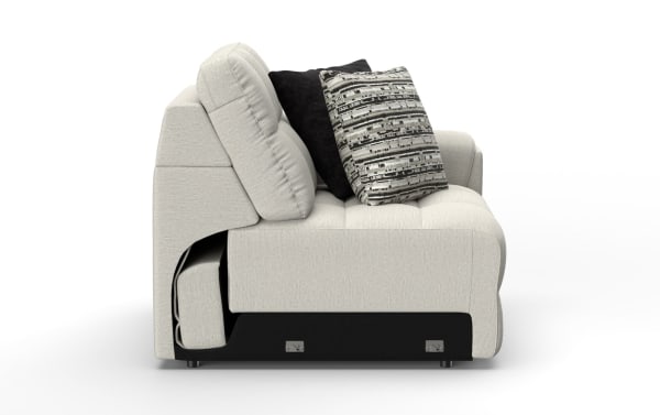 Modern beige fabric sofa with tufted cushions, two decorative pillows in black and patterned gray, shown from side view.