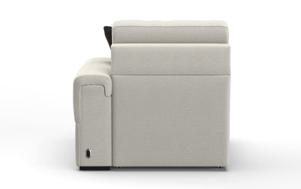 Side view of a beige fabric upholstered reclining sofa arm with visible power recline control switch, showcasing modern design and comfort features.