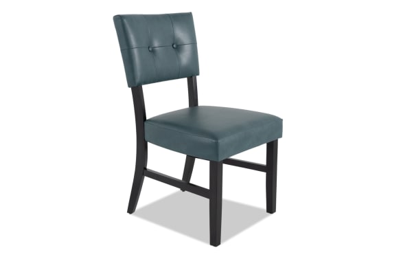 Bettie Black & Teal Faux Leather Panel Back Upholstered Dining Chair with teal faux leather, mid-century modern style, curved legs, and memory foam seat.