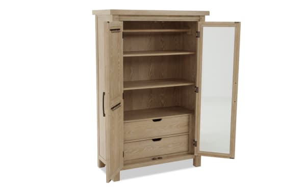 Wooden wardrobe with two doors, one featuring a full-length mirror, two drawers, and two shelves inside, in a natural oak finish.