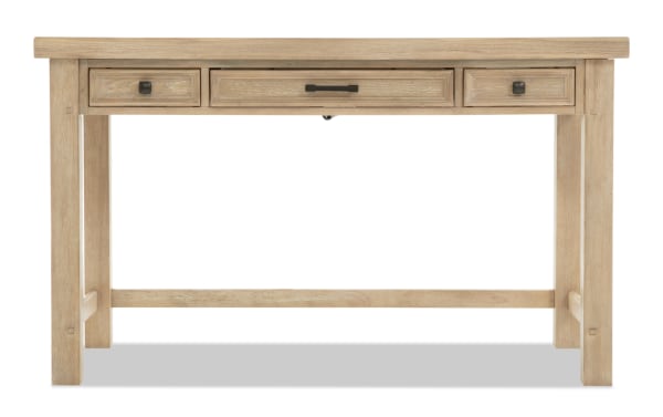 Light wood desk with three drawers, featuring black metal handles, sturdy legs, and a crossbar support, ideal for home office or study.