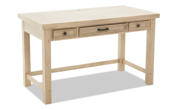 Light wood rectangular desk with three drawers, black metal handles, and sturdy legs, ideal for home office or study use.