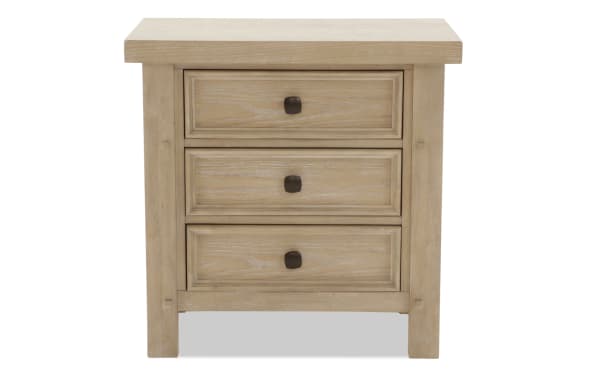 Hudson Natural 3 Drawer Nightstand in rustic light wood finish with rubberwood, pine, and mango veneers. Transitional style with pewter metal knobs.