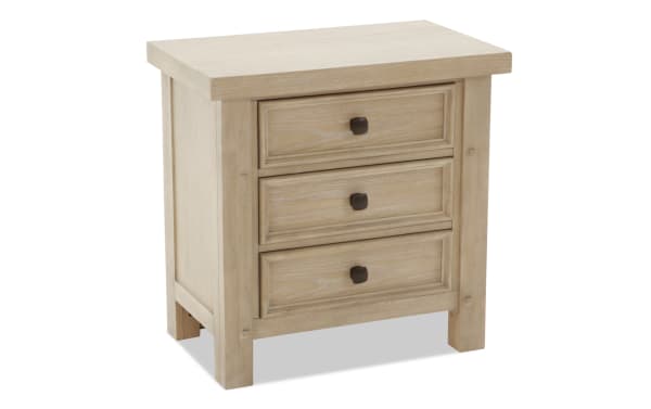 Hudson Natural 3 Drawer Nightstand in rustic light wood finish, transitional style with rubberwood, pine, mango veneer, and pewter hardware.