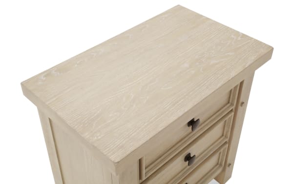 Hudson Natural 3 Drawer Nightstand in rustic light wood finish with metal pewter hardware, featuring rubberwood, pine, and mango veneers.