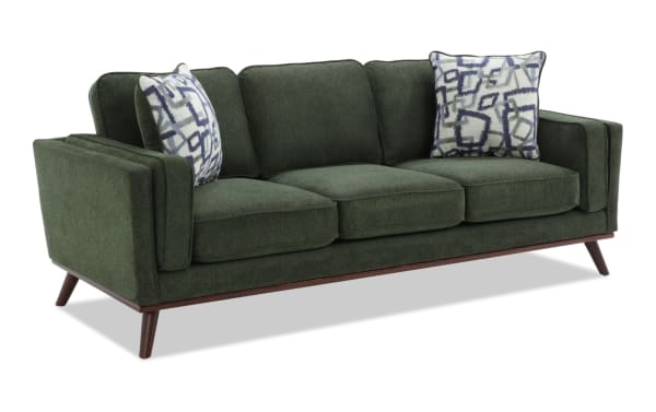Tribeca Green 90'' mid-century modern sofa in green polyester fabric with Bob-O-Pedic memory foam cushions and patterned accent pillows.
