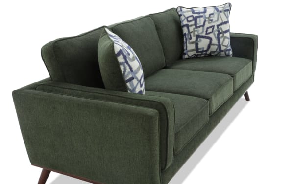 Tribeca Green 90'' Sofa in mid-century modern style, green polyester fabric upholstery, with memory foam cushions and patterned accent pillows.
