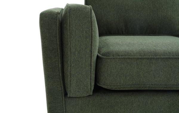 Tribeca Green 90'' Sofa armrest and cushion detail, mid-century modern style in green polyester fabric upholstery, plush memory foam filling.