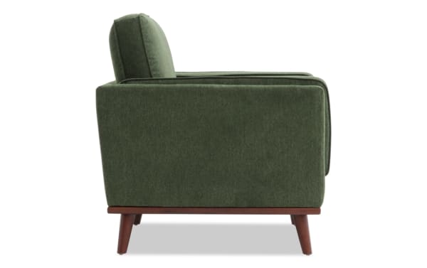 Tribeca Green Chair in mid-century modern style with green polyester fabric upholstery, memory foam cushioning, and wooden tapered legs.