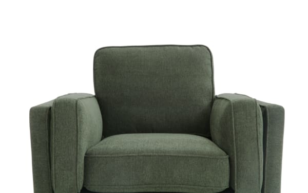 Tribeca Green Chair in mid-century modern style with green polyester fabric upholstery, plush memory foam cushions, and wide padded armrests.