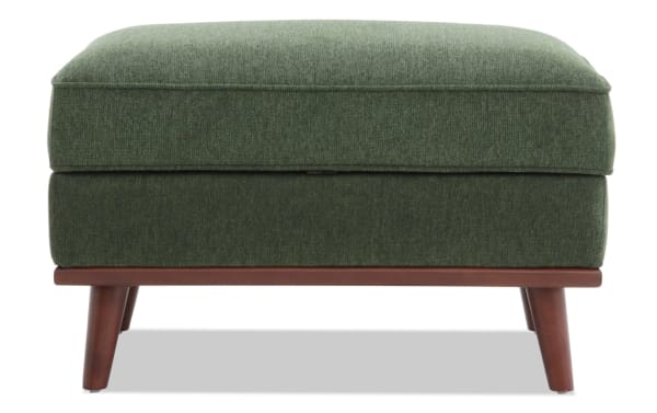 Mid-Century Modern Tribeca Green Storage Ottoman with polyester fabric upholstery, memory foam cushion, and wooden tapered legs for stylish seating and hidden storage.