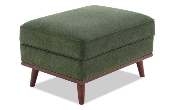 Tribeca Green Storage Ottoman in mid-century modern style with green polyester fabric upholstery, memory foam cushion, and hidden storage.