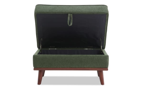 Tribeca Green Storage Ottoman in mid-century modern style with green polyester fabric upholstery, memory foam cushion, and hidden storage compartment.