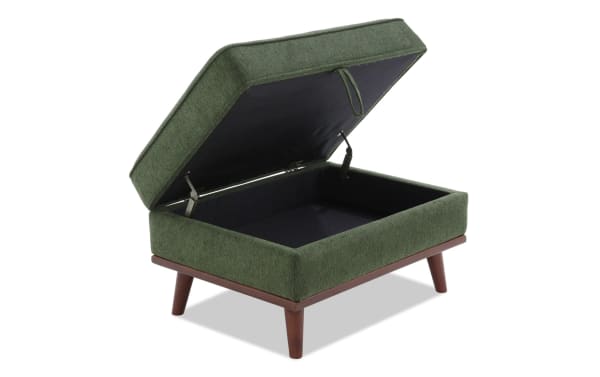 Tribeca Green Storage Ottoman in mid-century modern style with green polyester fabric upholstery, memory foam cushion, and hidden storage compartment.